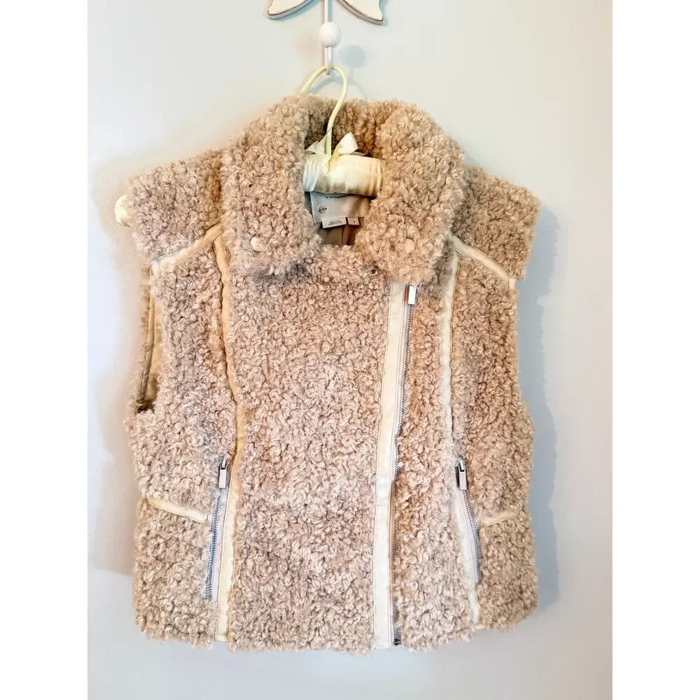 Anthropologie Teddy Faux Fur Moto Vest Cream Beige Size Small